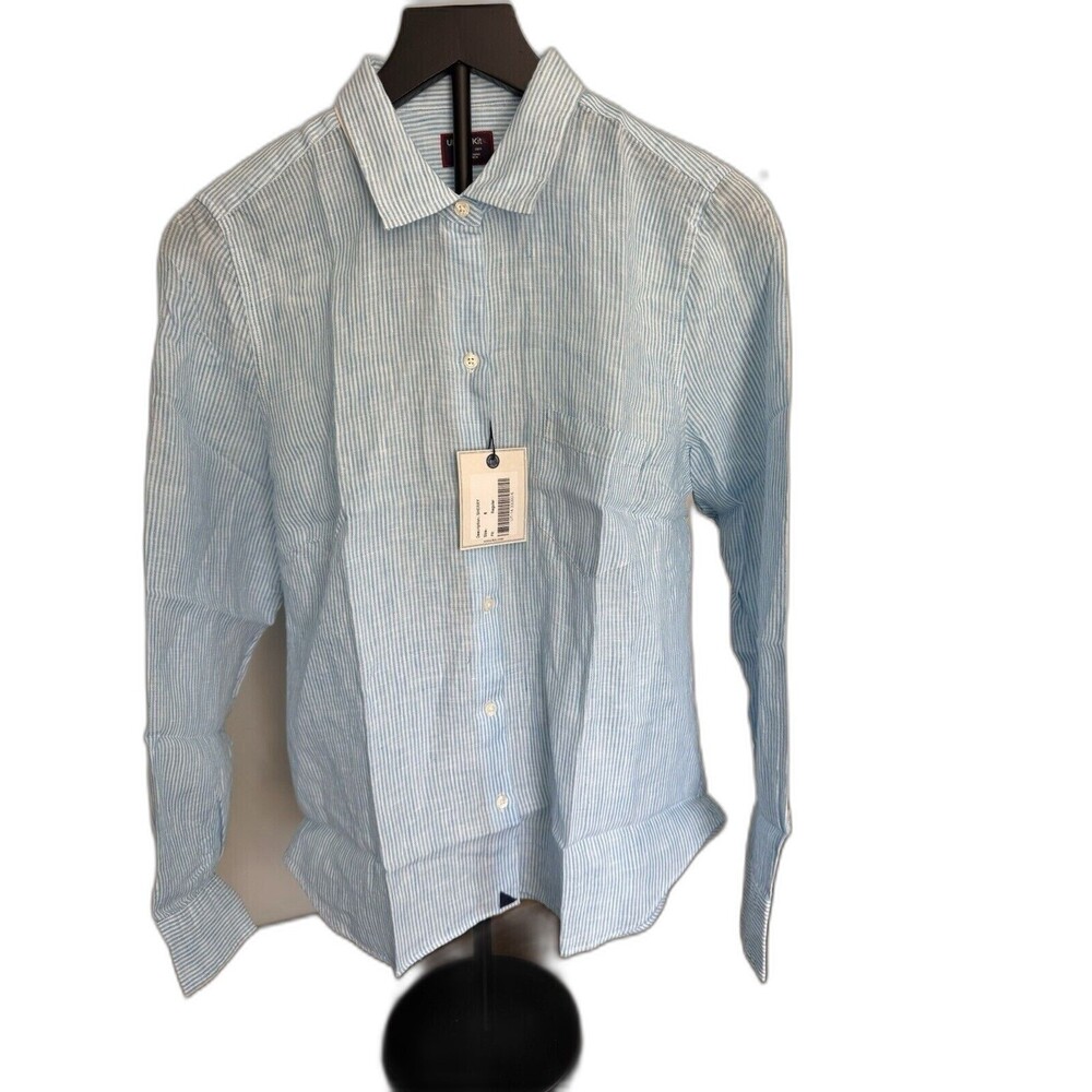 UNTUCKit Size 8 Women Shirt Sherry Long Sleeve Button Up Blue White Stripe Linen
